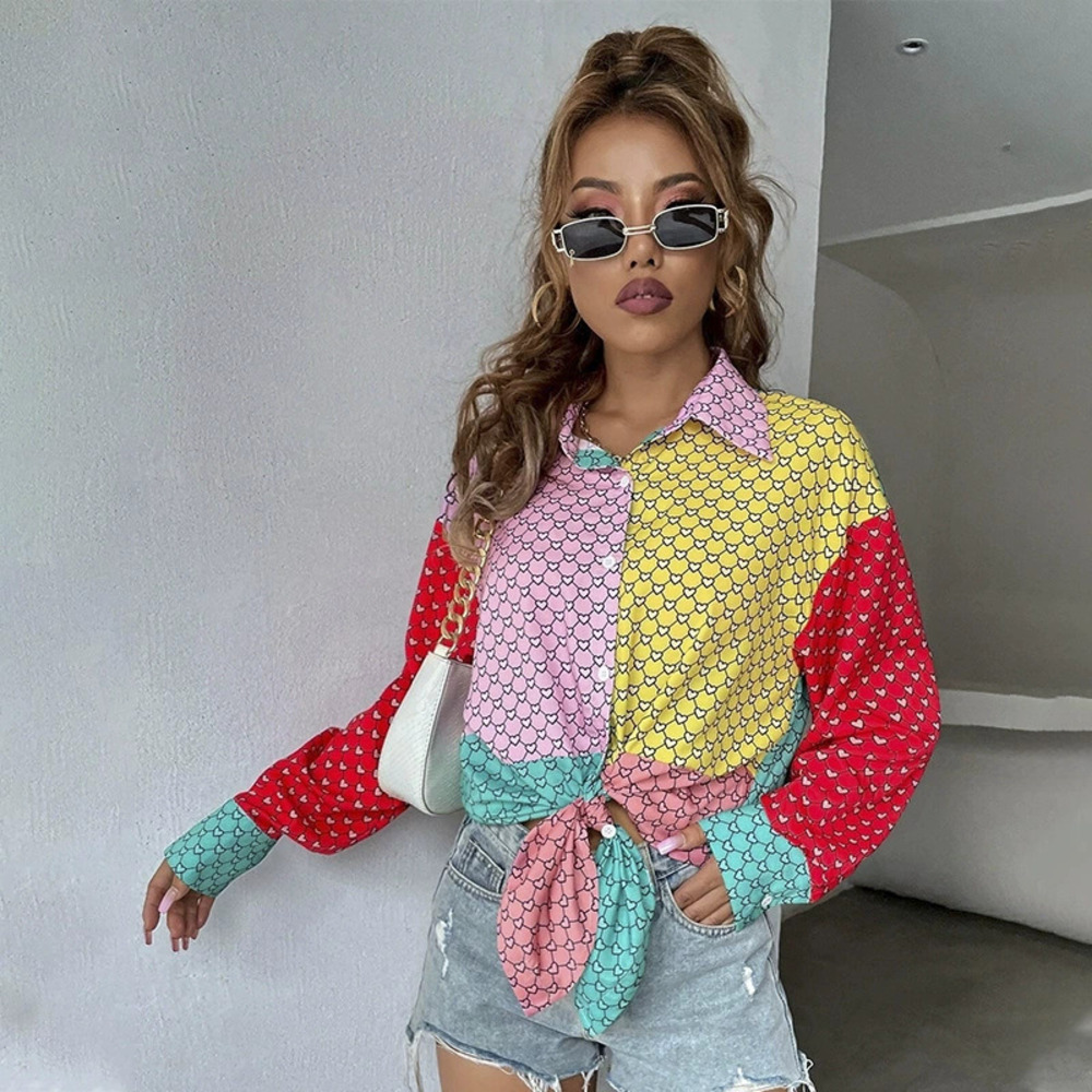 H&M Women Summer Blouse Contrast Color Heart Print Unique Design